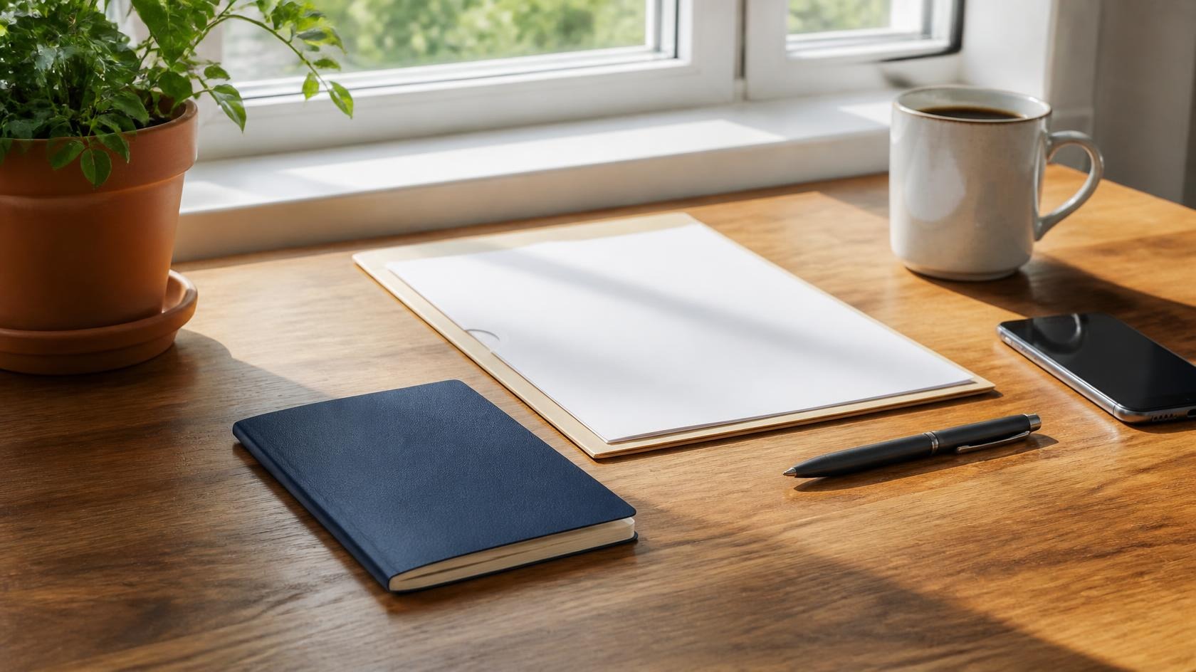 Tidy wooden desk by a sunny window with a closed passport, blank forms on a clipboard, a pen, a phone and a cup of coffee beside a terracotta plant pot