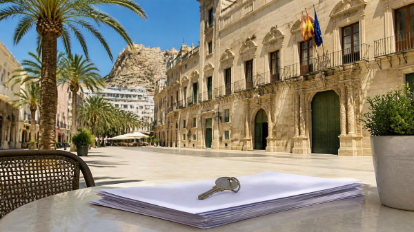 House key and a stack of papers on a café table in a sunny Alicante square, with palm trees and the castle behind