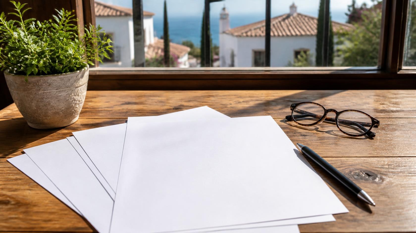 Blank application forms, a pen and reading glasses on a wooden desk by a sunny window
