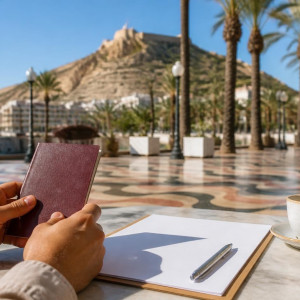 Passport and blank application form on a sunny café table on Alicante's Explanada