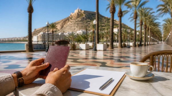 Passport and blank application form on a sunny café table on Alicante's Explanada