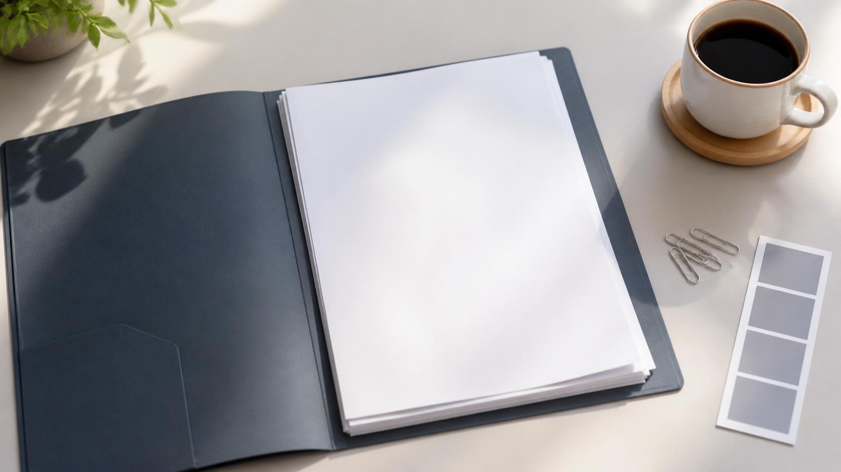 Open document folder with blank papers, passport-style photos and paper clips beside a cup of coffee