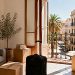 Sunlit Spanish apartment living room on moving day with cardboard boxes, a suitcase and a potted olive tree, and tall open windows onto a sunny street with palm trees