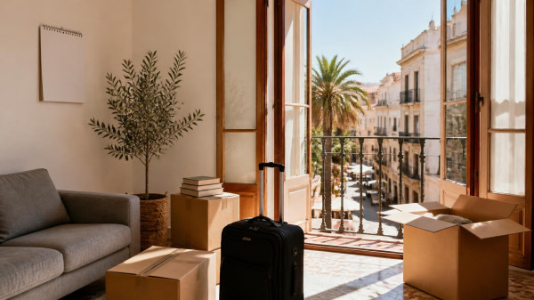 Sunlit Spanish apartment living room on moving day with cardboard boxes, a suitcase and a potted olive tree, and tall open windows onto a sunny street with palm trees