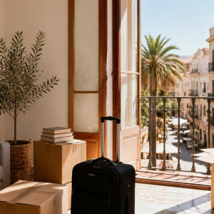 Sunlit Spanish apartment living room on moving day with cardboard boxes, a suitcase and a potted olive tree, and tall open windows onto a sunny street with palm trees