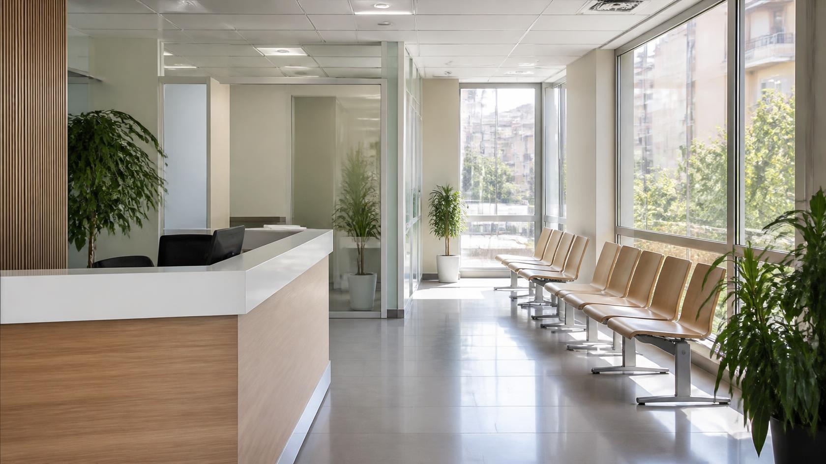 Bright, empty public office waiting area with a reception desk and rows of chairs